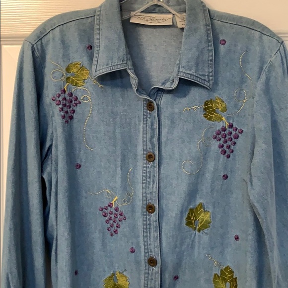 Embroidered Grapes and Leaves Cotton Shirt - Picture 5 of 12